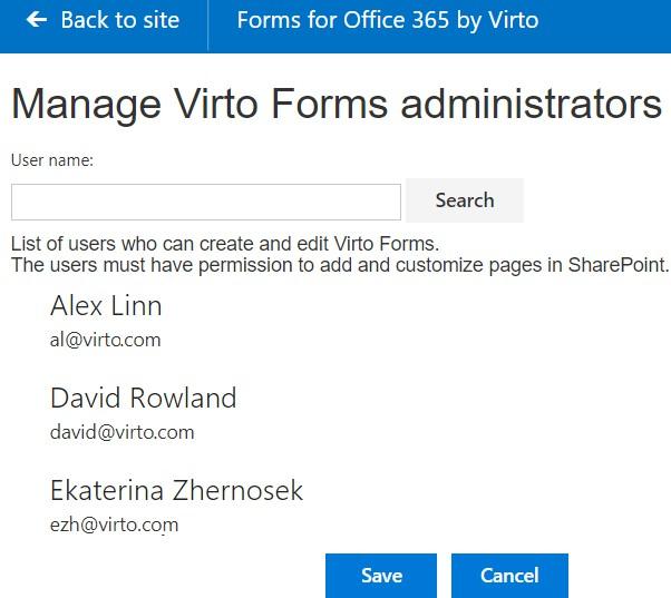 Virto Forms Designer users list showing the site administrator that cannot be removed