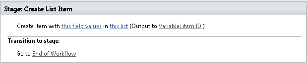 SharePoint Designer phrase for the Create List Item workflow activity in the Virto Workflow Activities Kit
