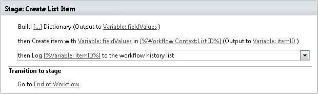 Example of the Create List Item activity configured in a SharePoint Designer workflow
