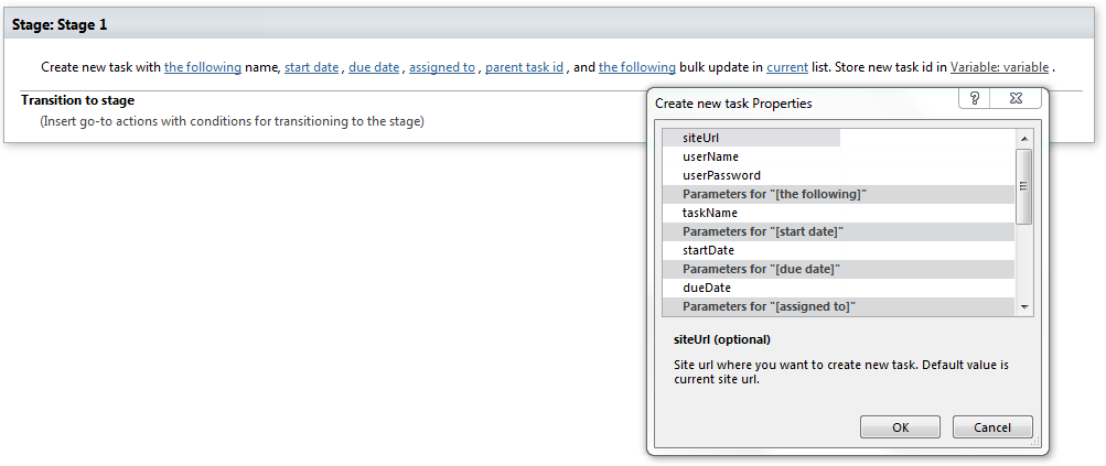 Create new task workflow activity properties in Virto Workflows for Office 365