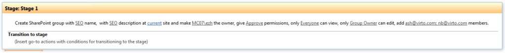 Example of the Create SharePoint group activity configured with name, owner and permissions in a workflow
