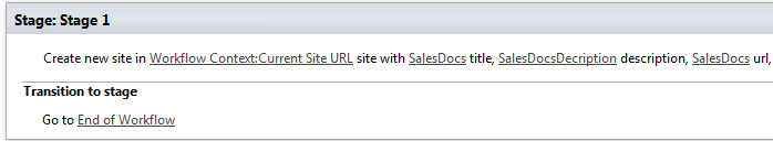 Example of the Create SharePoint site activity with title, URL, locale, and template settings