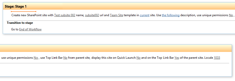 Example of the Create SharePoint site activity configured with name, URL and template in a workflow