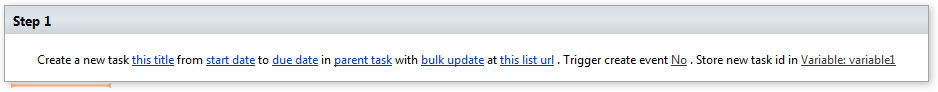 Create task activity settings for creating a SharePoint task with title, dates, and parent task
