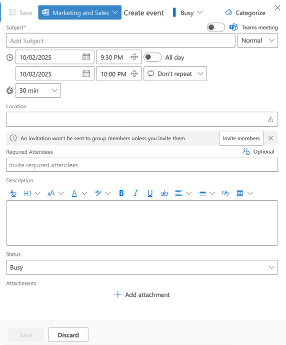 New event form with name, calendar, category, dates, and location fields in Virto Calendar App