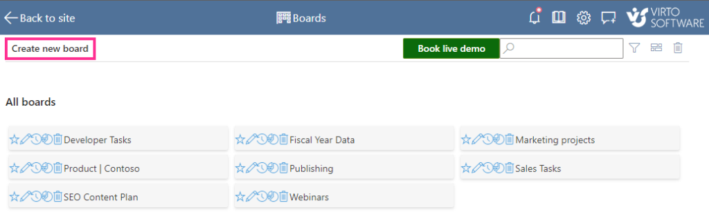 Create new board button in the Boards list of the Virto Kanban Board App