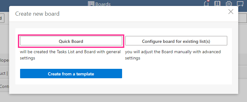 Selecting the Quick Board option when creating a new Virto Kanban board