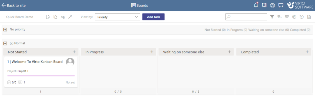 Newly created quick board showing a demo task and default columns in Virto Kanban