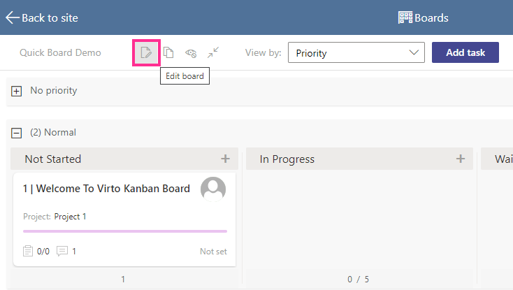 Edit board icon next to the board name for adjusting Virto Kanban board settings