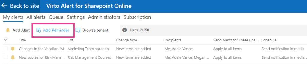 Add Reminder button used to start creating a new reminder in Virto Alerts & Reminders