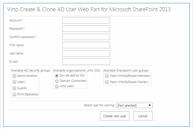 Virto Create and Clone AD User web part added to a SharePoint site page