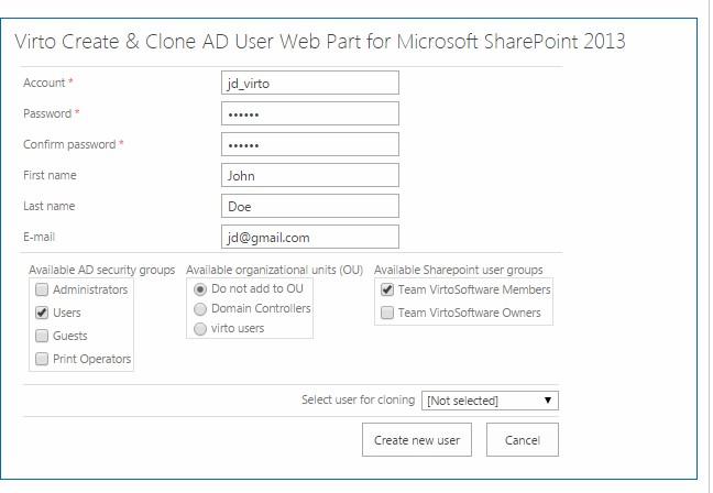 Entering the new user account login, password and confirmation in the Virto Create and Clone AD User web part