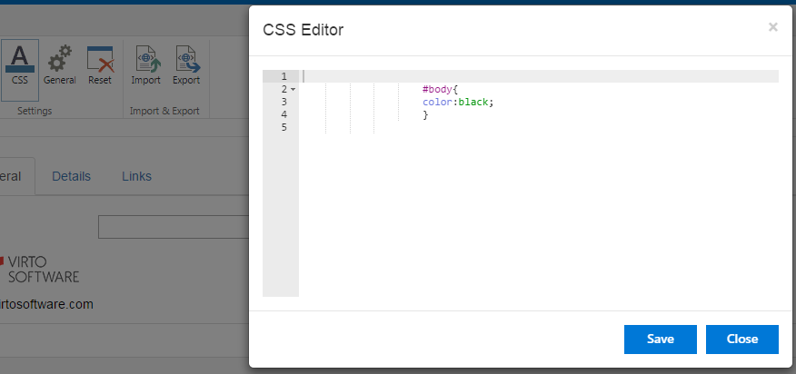 CSS editor for writing custom CSS to customize a Virto SharePoint Form appearance