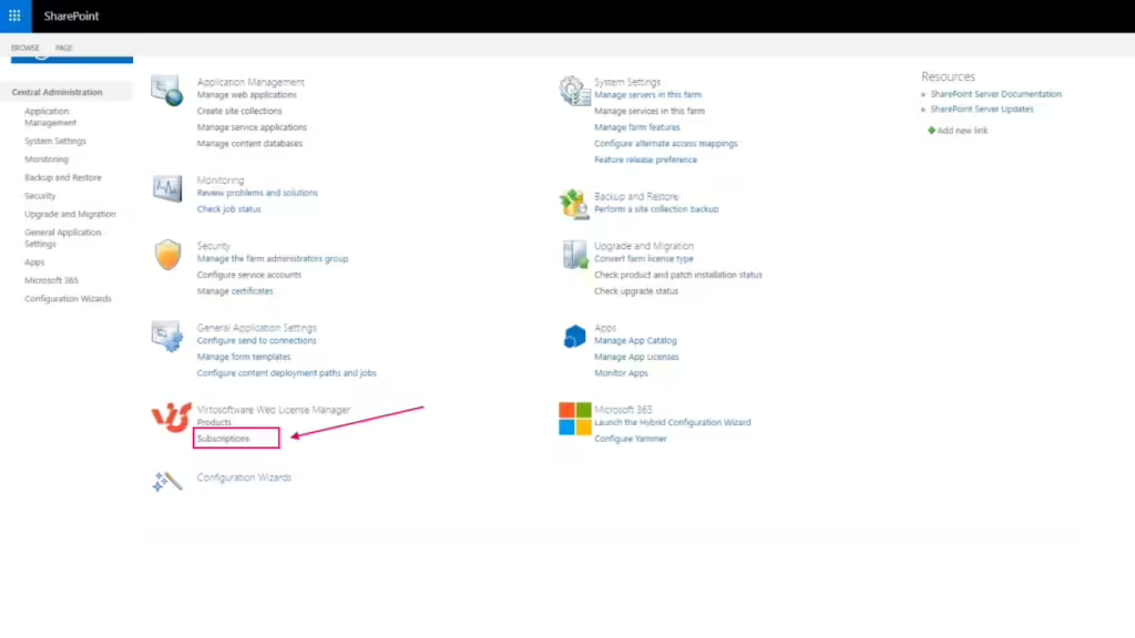 Subscriptions option in the Virto License Manager used to view licenses and their status