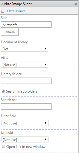 Data Source settings section of the Virto Image Slider web part configuration