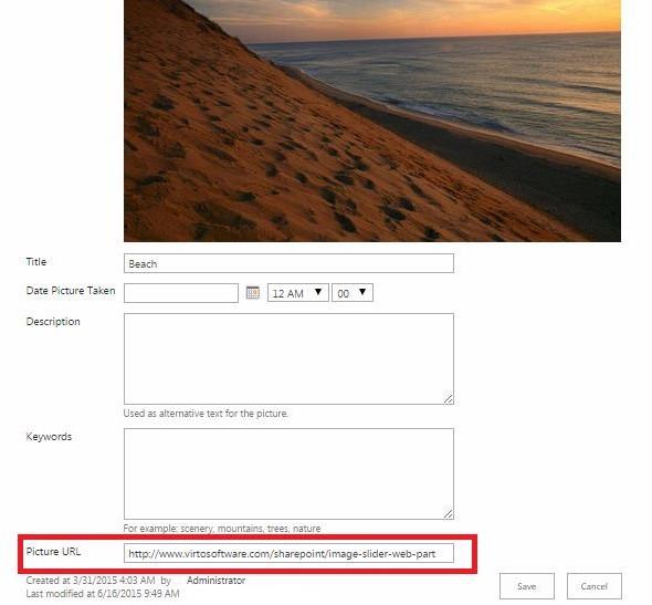 SharePoint document library with picture URLs added for each image in the slideshow