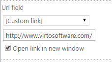 Custom link field and Open link in a new window checkbox in the Data Source settings