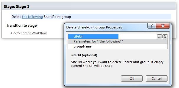 Delete SharePoint group workflow activity that removes a group from the current site