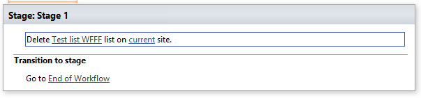 Example of the Delete SharePoint list activity configured with a list name and site in a workflow