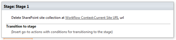 Example of the Delete SharePoint site collection activity configured with a target site URL in a workflow