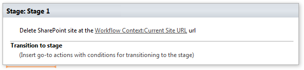 Example of the Delete SharePoint site activity configured with a target subsite URL