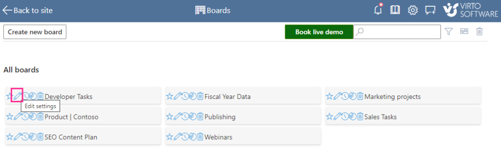 Edit settings icon next to a board in the Virto Kanban boards list