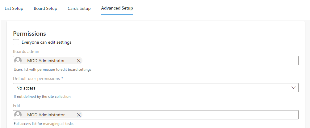 Permissions section under the Advanced Setup tab in Virto Kanban board settings