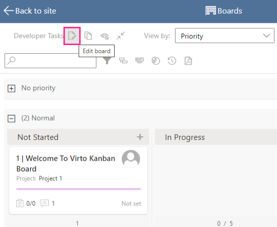 Edit board icon next to the board title on the Virto Kanban board page