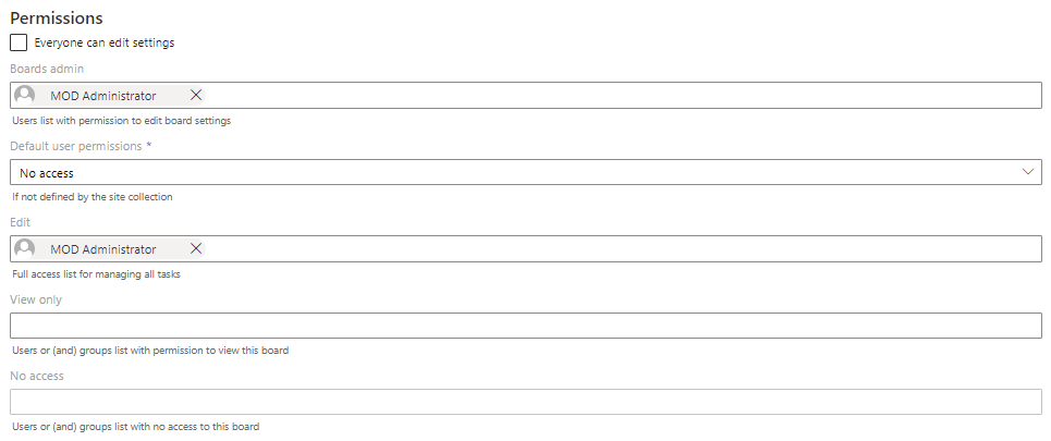 Full block of detailed board permissions in Virto Kanban Advanced Setup