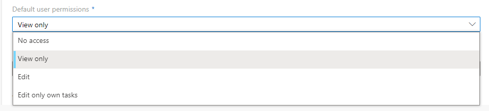 Default user permissions fields for an individual Virto Kanban board