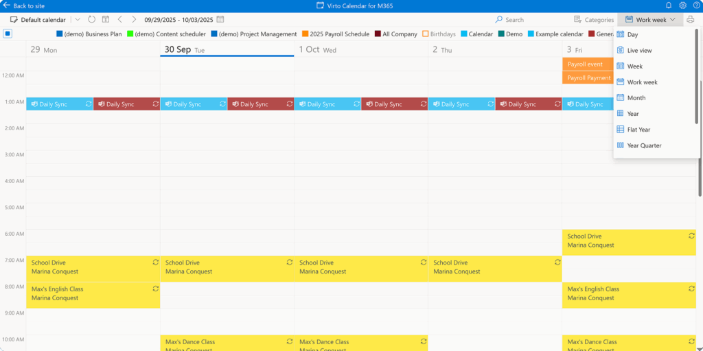 View options such as Day, Week, Month, and Year in the Virto Calendar App