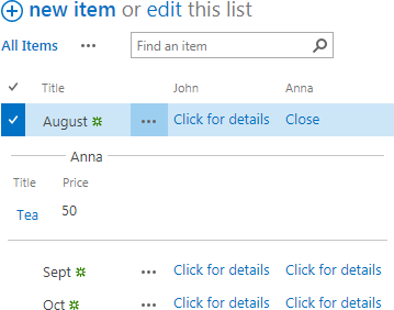 Click for details link that expands related items from the child list in the parent list