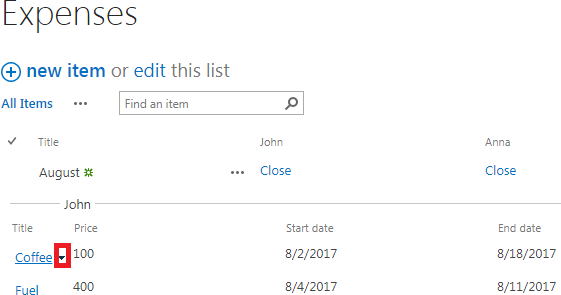 Hovering over a related item name to reveal the available actions menu