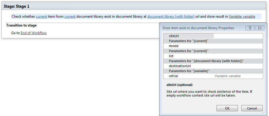 Does item exist in document library activity in the Virto Workflows for Office 365 designer