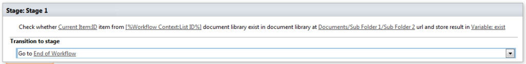 Example of the Does item exist in document library activity configured in a SharePoint workflow