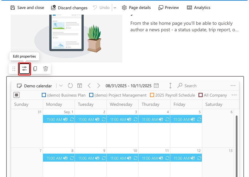 Edit properties icon on the Virto Calendar web part in SharePoint edit mode