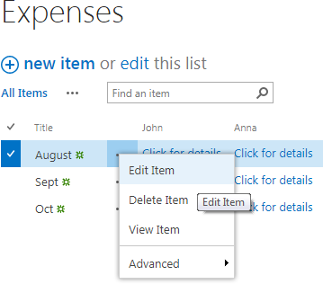 Parent list item Edit form where related items can be edited or deleted