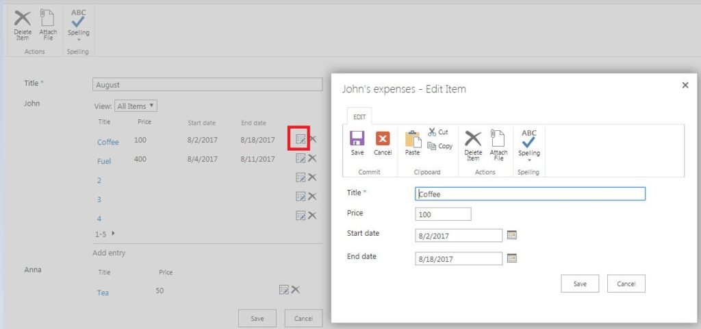 Editing a related item by clicking its name or the edit icon in the Edit form