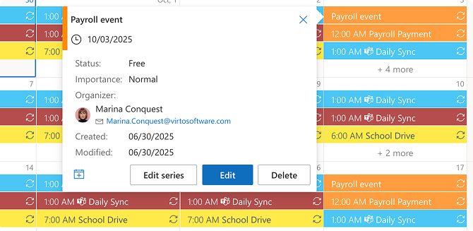 Event tooltip with the Edit button used to modify an event in Virto Calendar App