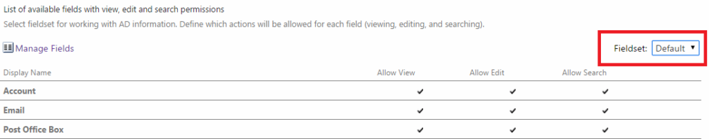 Active Directory User Service Settings page showing the fieldset used by default