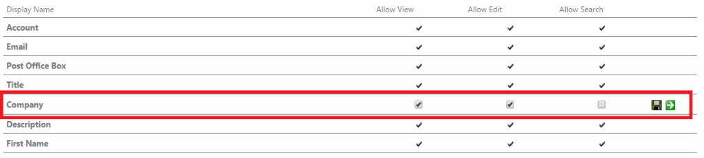 Editing a field&rsquo;s viewing, editing, and searching settings within a fieldset before saving
