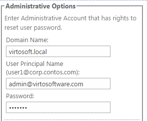 Administrative options for domain name, fully qualified user principal name and password