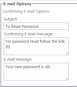 Email options for password reset with subject and message text fields
