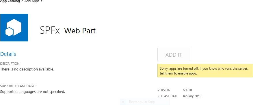 SharePoint 2019 &ldquo;Sorry, apps are turned off&rdquo; error shown when adding the web part to a site
