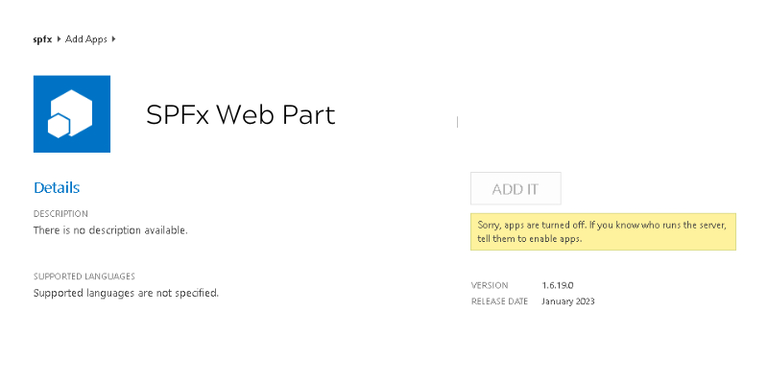 SharePoint 2019 error message reading Sorry, apps are turned off when installing the web part