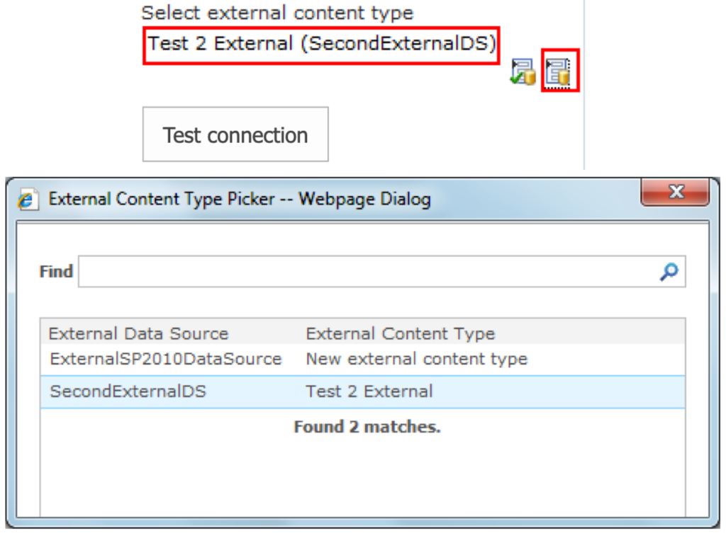 Creating a new external content type data source and testing the connection