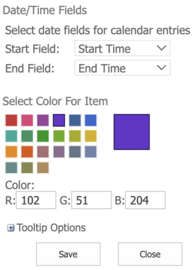 Setting the primary key, display column, date fields, and item color