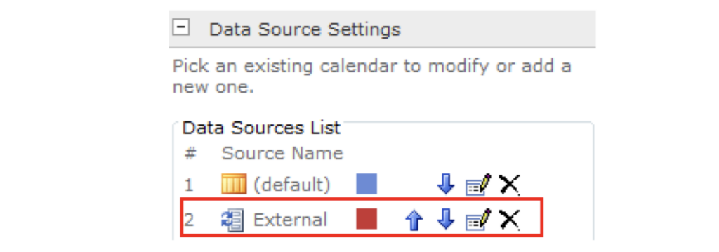 External content type listed among the Virto Calendar data sources