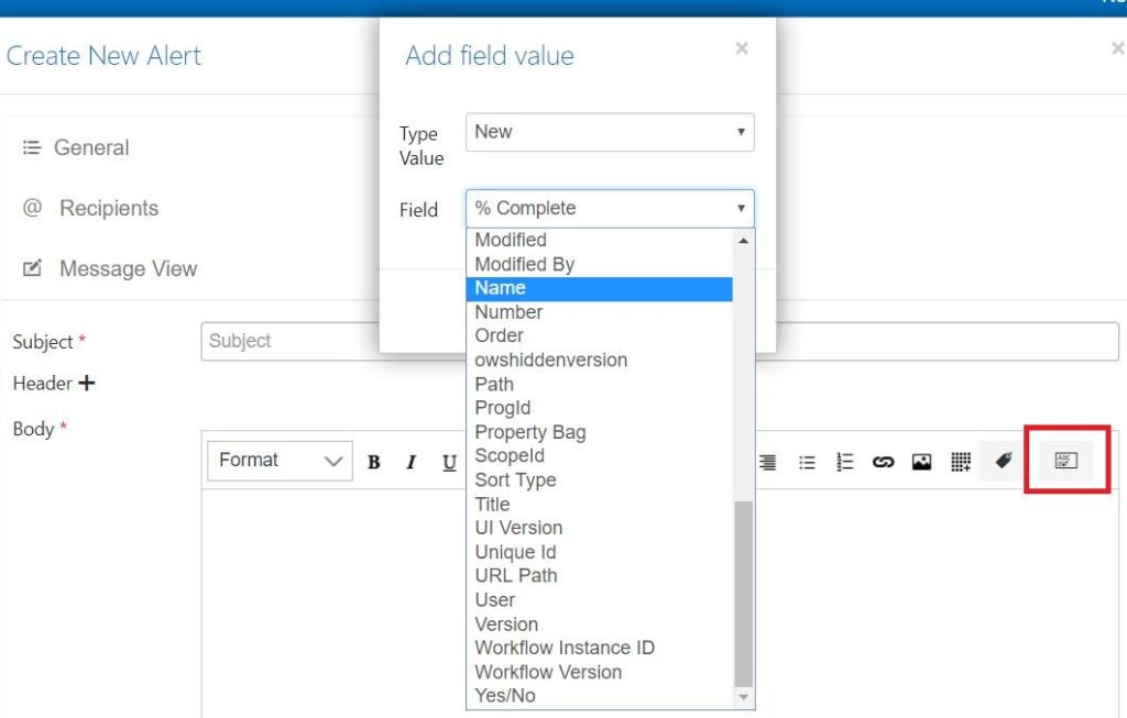 Add field value button in the email body to choose list fields to track in a Virto SharePoint Alert