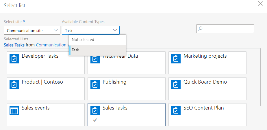 Available Content Types drop-down menu with the Task content type in Virto Kanban list settings
